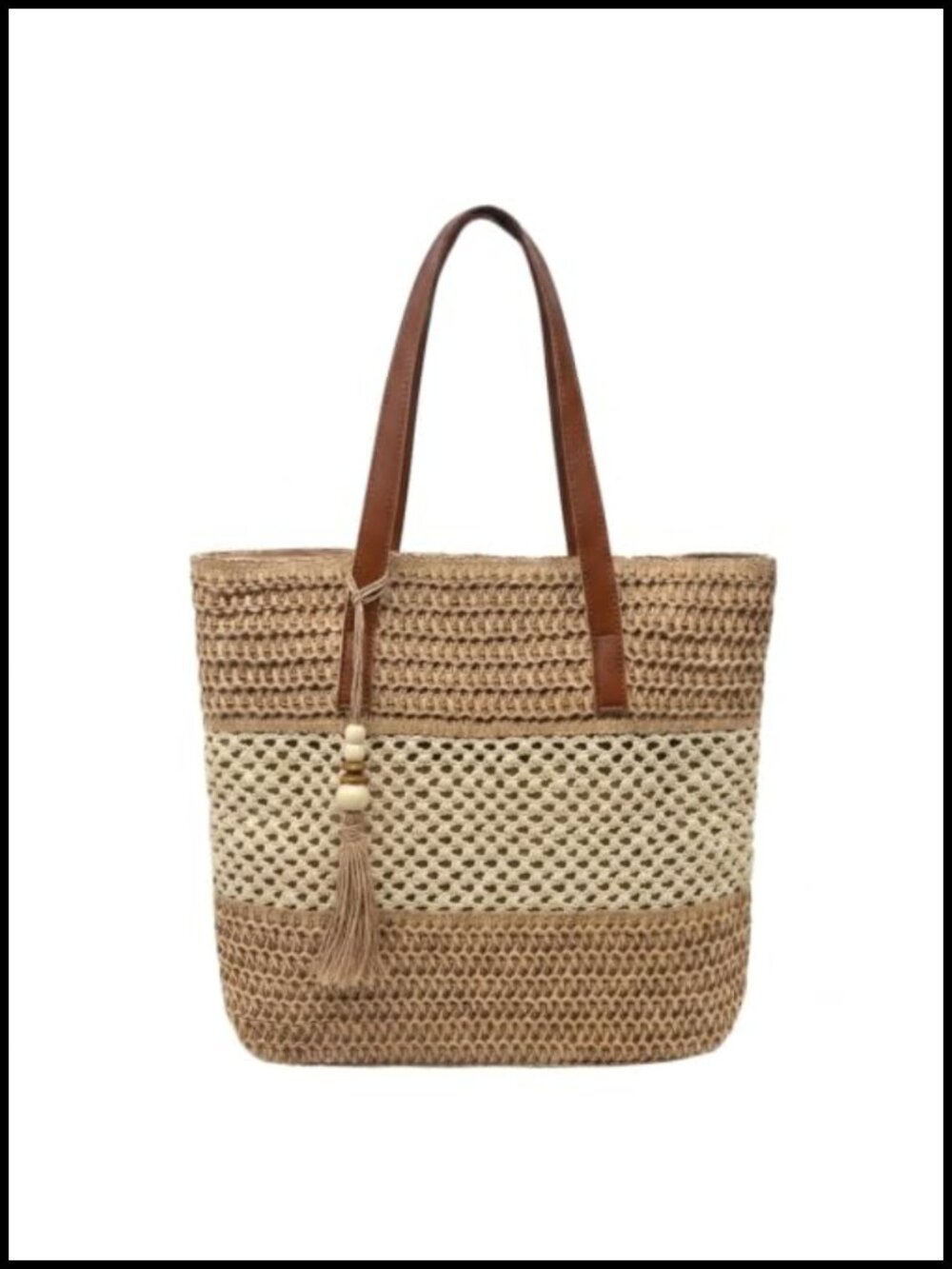 Large Straw Handbags with Tassel, Beach Bag with Zipper, Woven Straw Tote